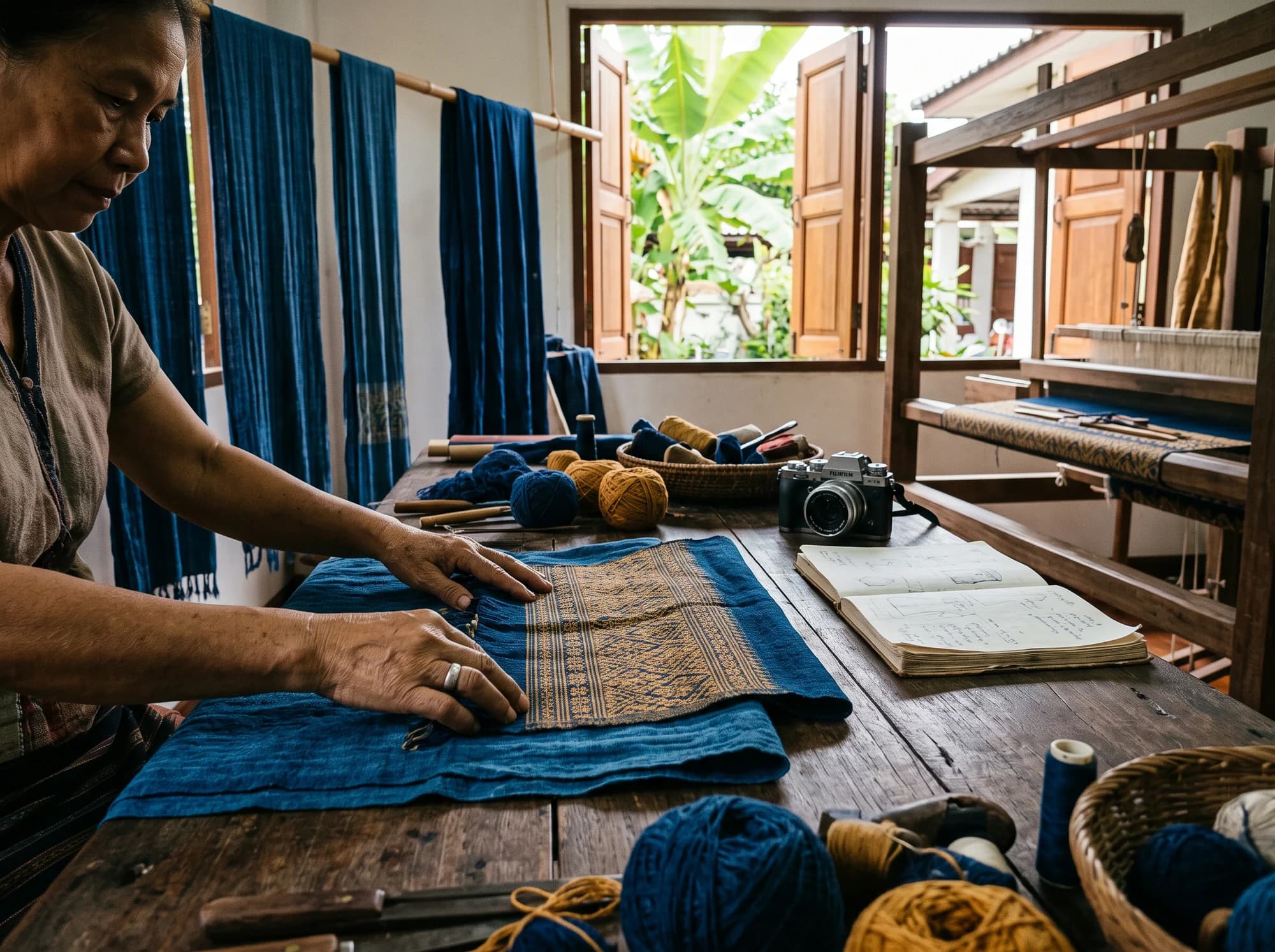AI-generated editorial illustration: Indigo cloth and hands at work in a Thai craft studio