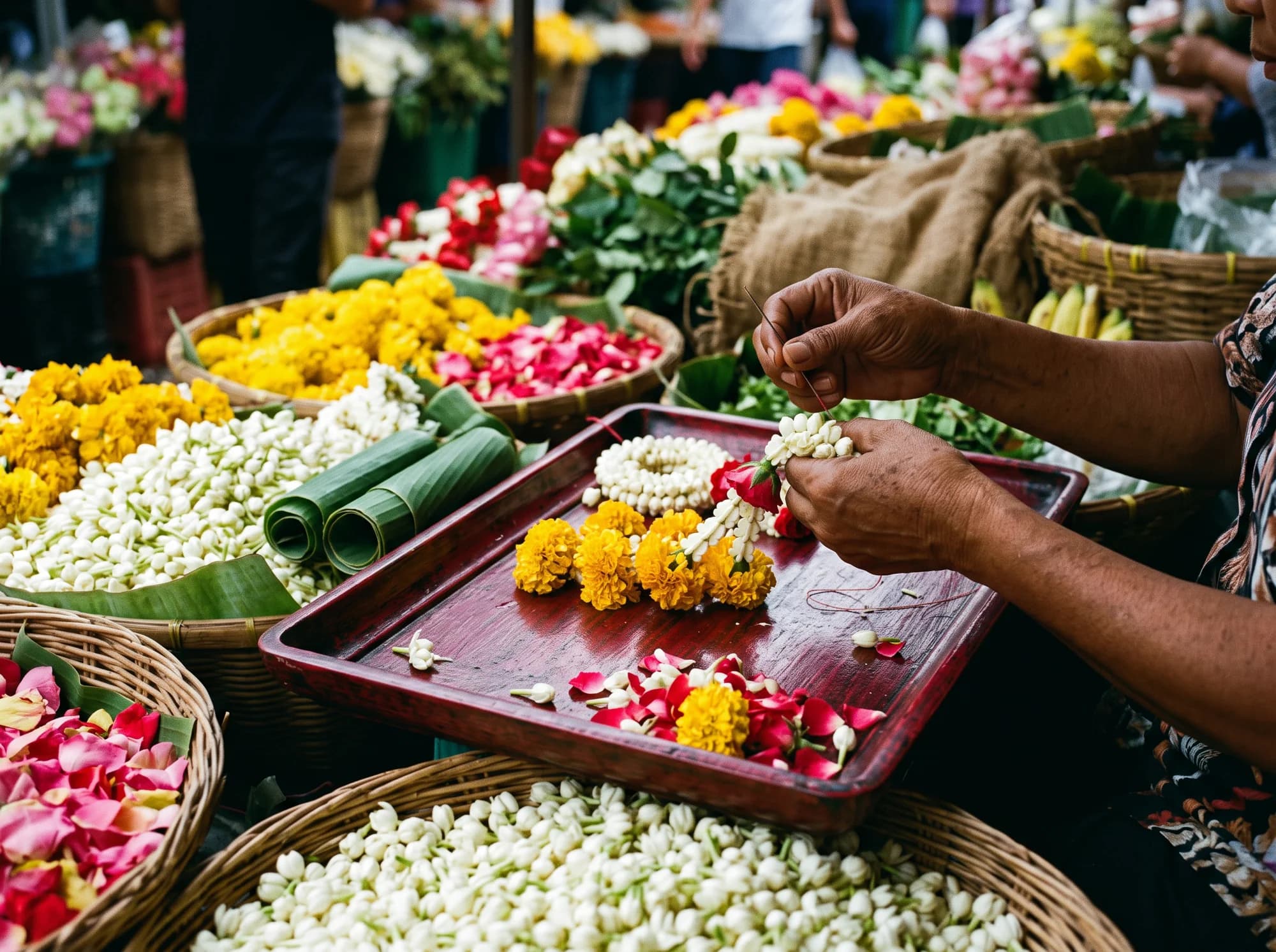 AI-generated editorial illustration: Hands threading a Thai jasmine flower garland