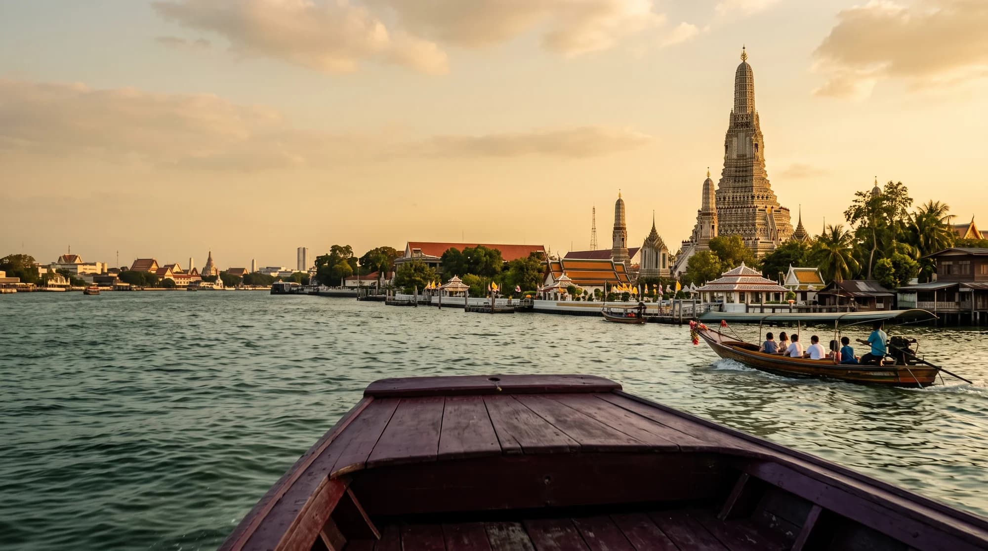 AI-generated editorial illustration: Wat Arun and longtail boats on Bangkok’s Chao Phraya River