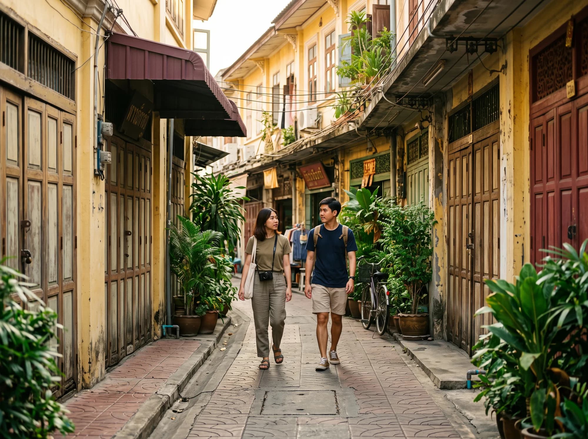 AI-generated editorial illustration: Contemporary creative life in a Bangkok shophouse street